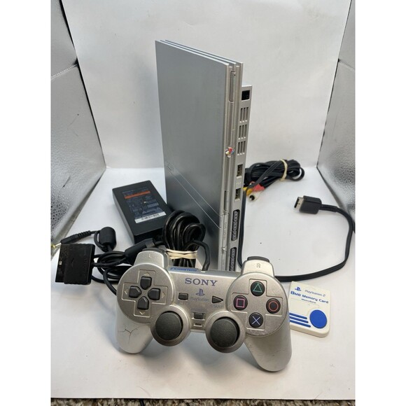Sony Playstation 2 PS2 Slim Silver Console Bundle OEM Silver Controller Tested - Picture 1 of 6